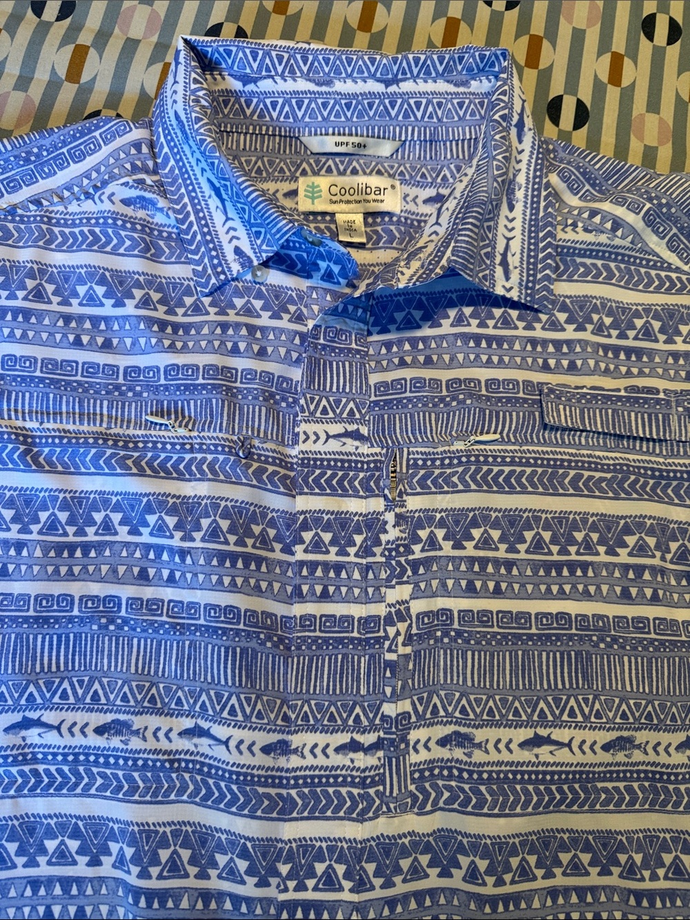 Coolibar Men’s Blue and White Geometric Short-Sleeve Button Shirt